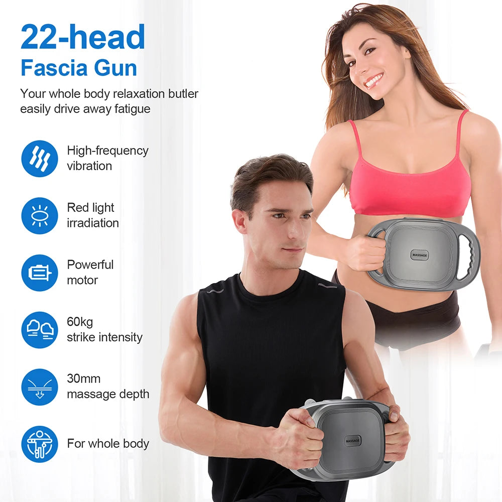 Two people using a fascia massage gun with product features listed on the left.