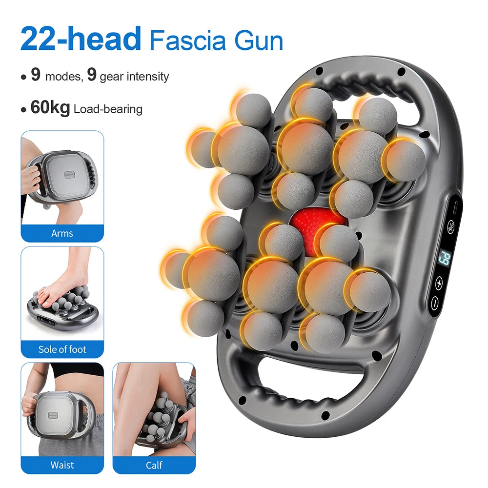 22-head Fascia Gun with various usage areas shown on a white background
