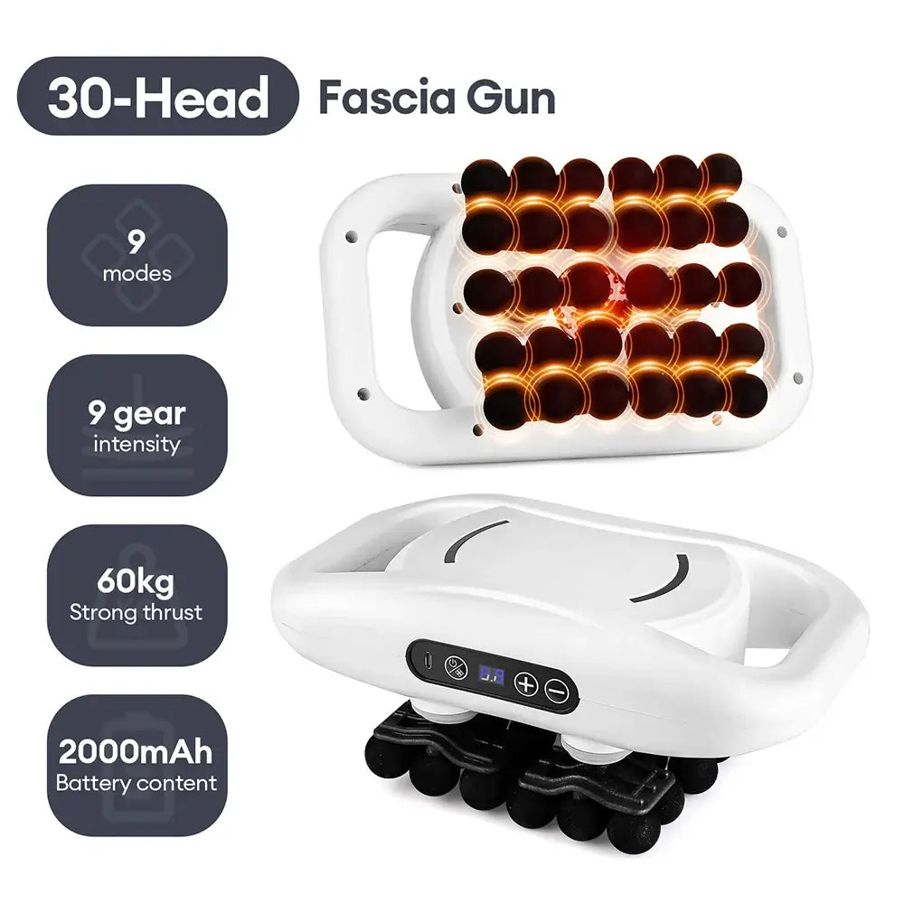 Fascia gun with 22 heads on a white background, featuring specifications.
