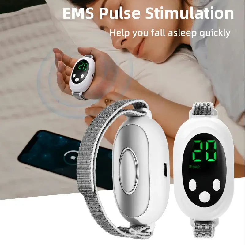 EMS Pulse Stimulation device with digital display and wristband, used for sleep aid.