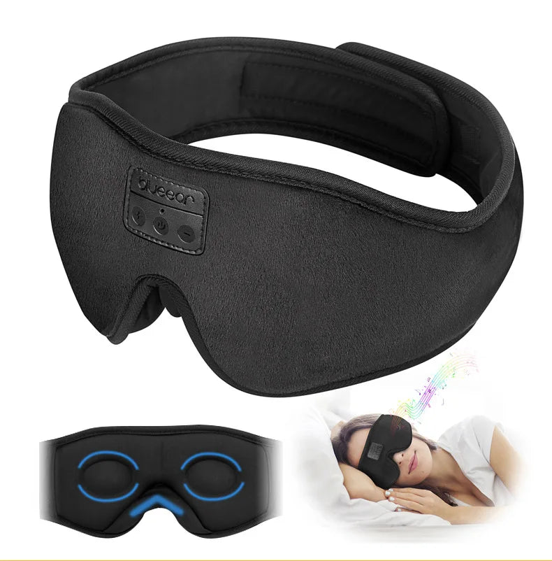 Black sleep mask with Bluetooth speaker on a white background