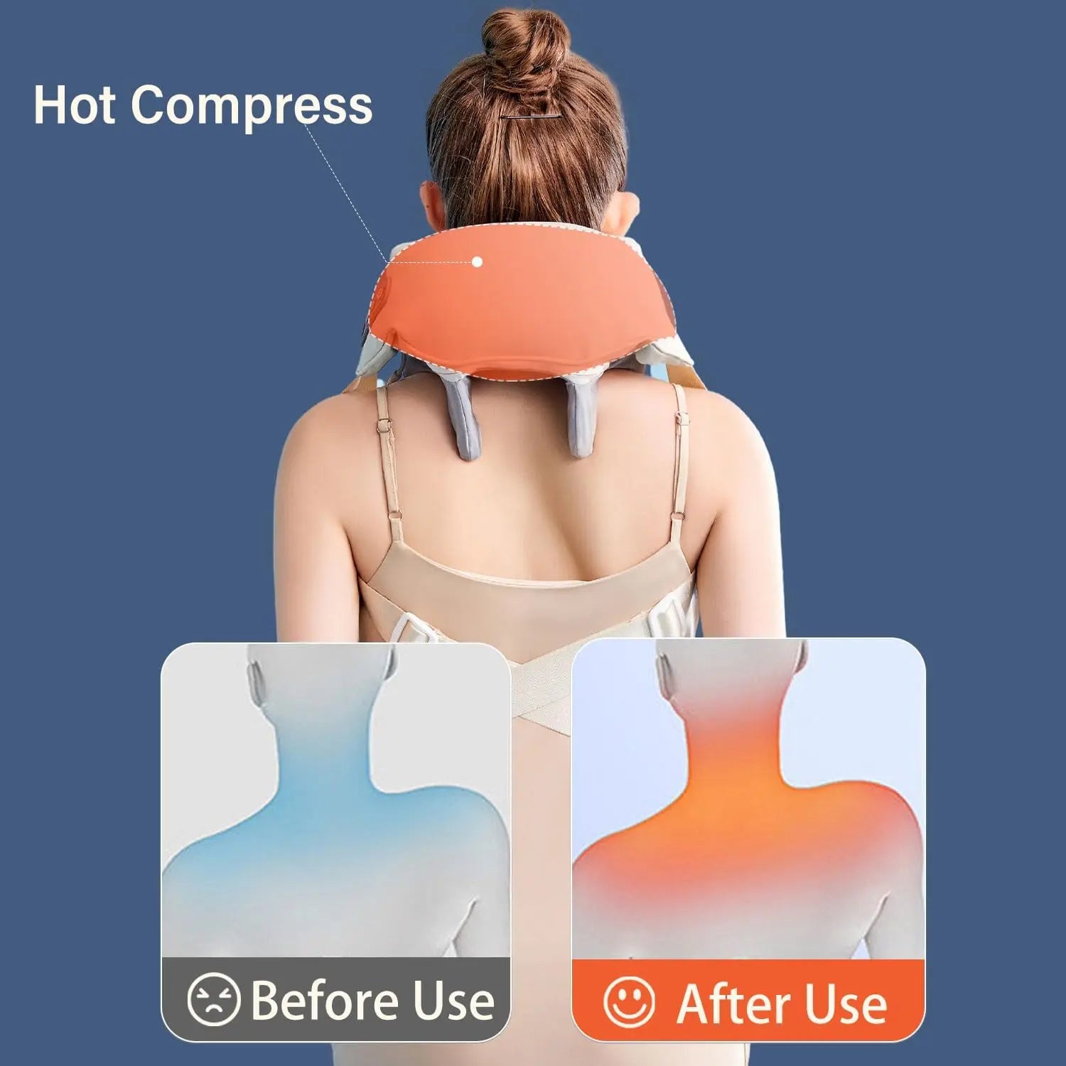 Woman using a hot compress on her neck with 'Before Use' and 'After Use' illustrations.