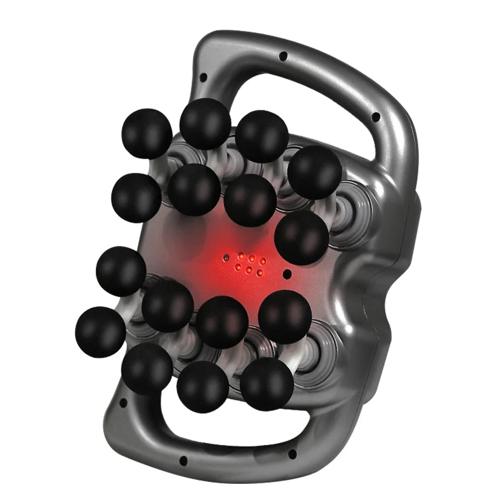White handheld fascia massage device with black and red components on a white background