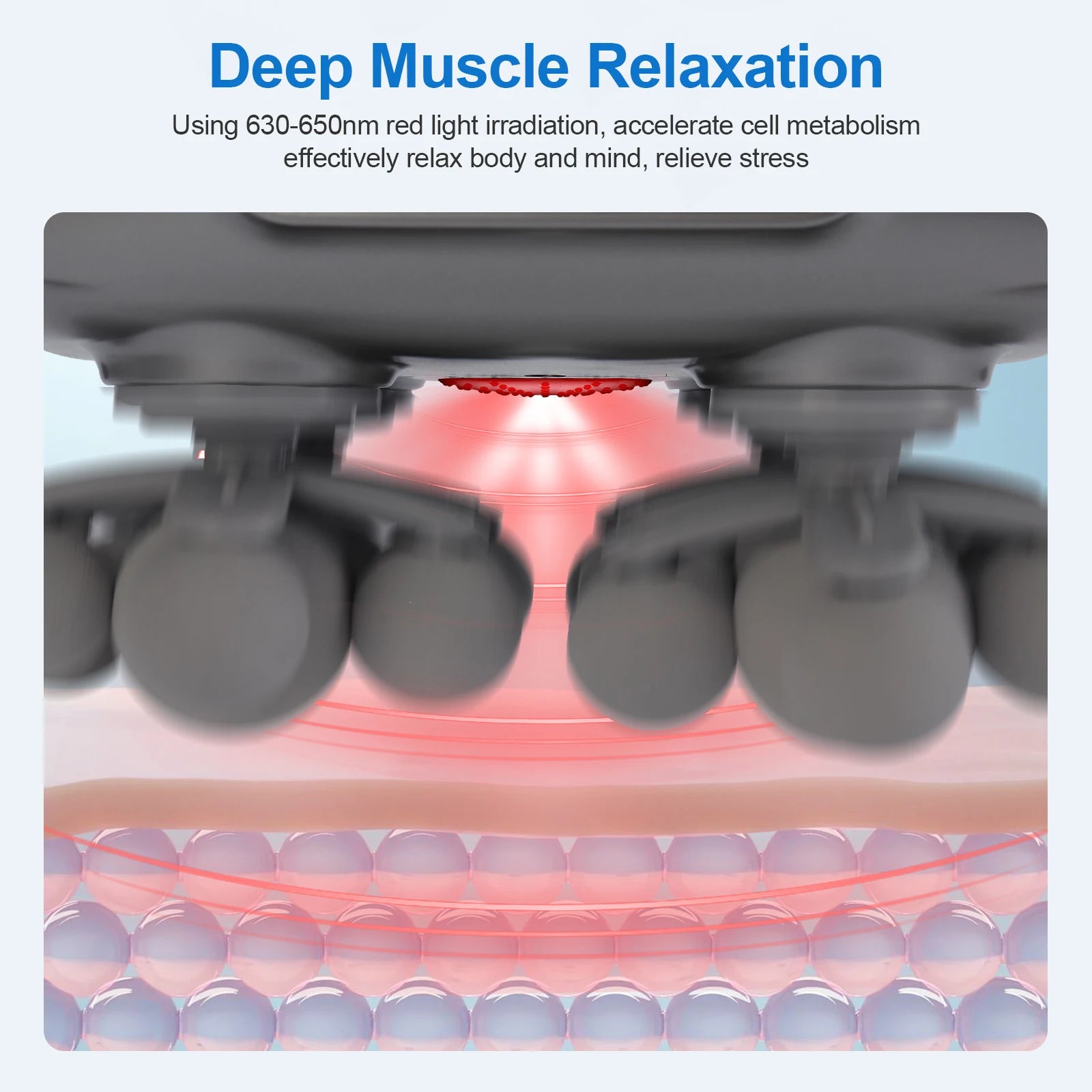 Illustration of a deep muscle relaxation device with red light irradiation.