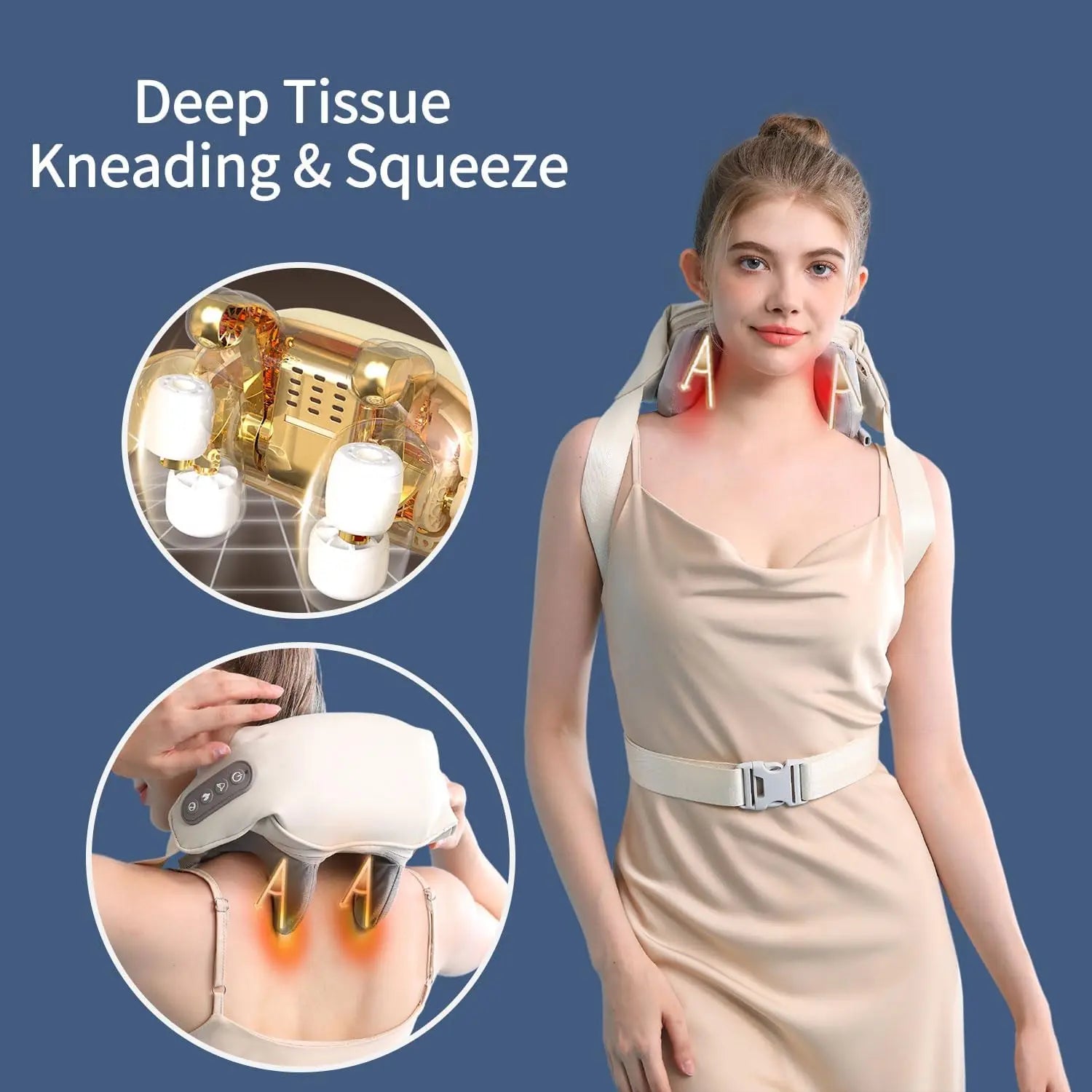 Woman using a neck and shoulder massager with close-up insets on a blue background