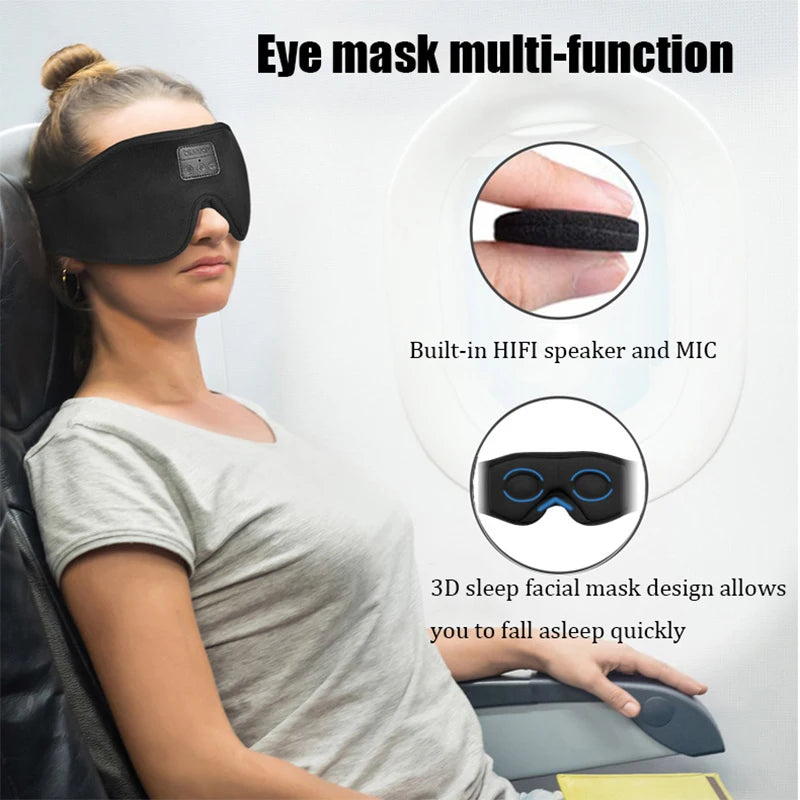 Person wearing comfortable 3D sleep mask with built-in Bluetooth speakers
