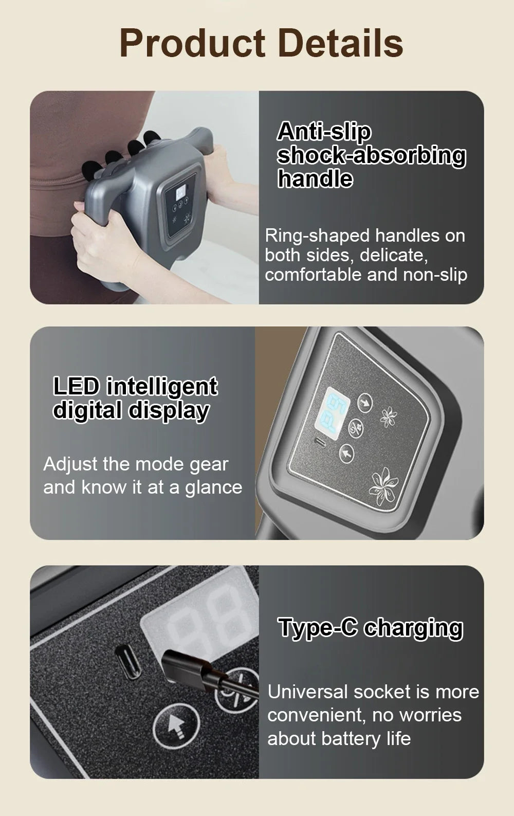 fascia massage gun details of a device with anti-slip handle, LED display, and Type-C charging on a beige background.