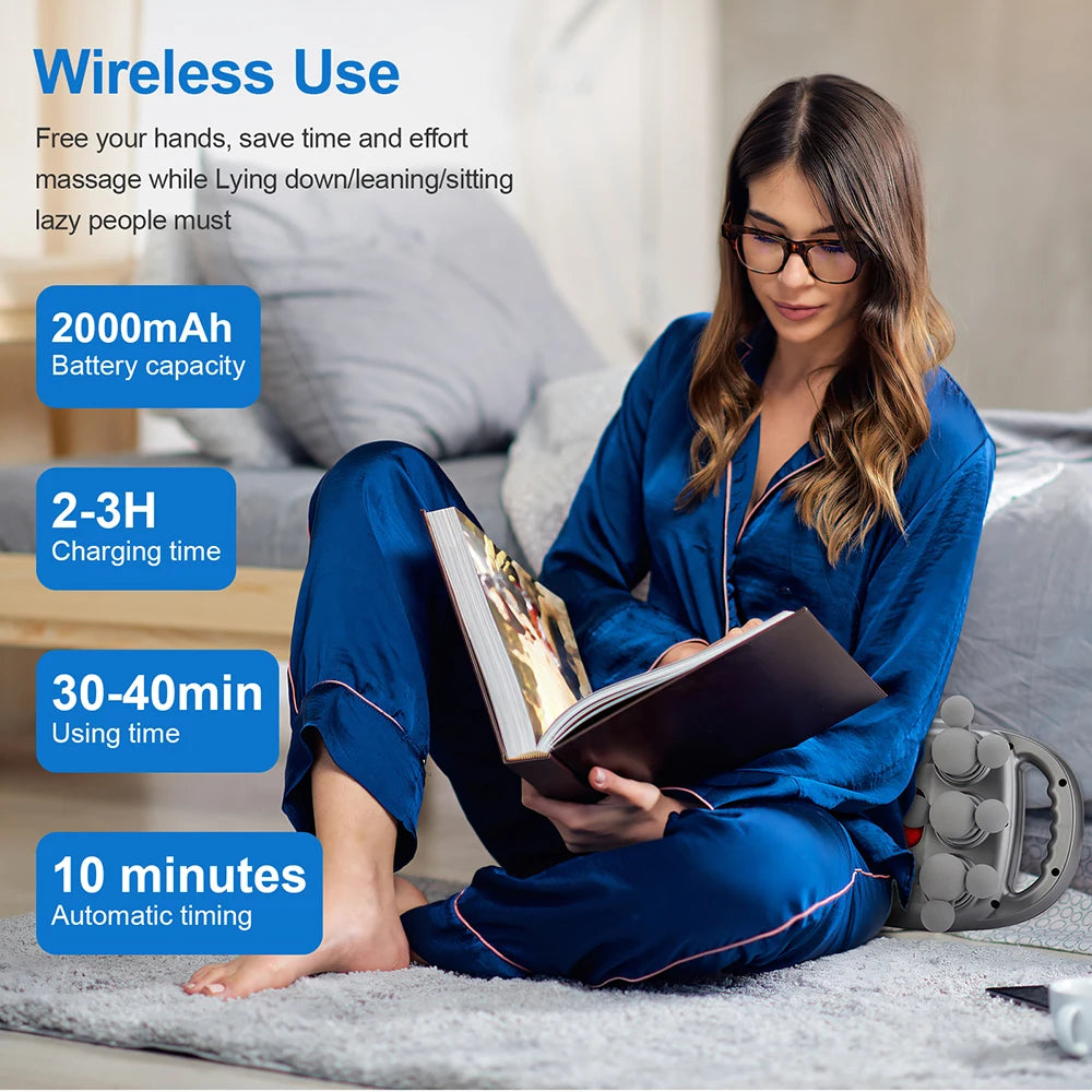 Woman in blue pajamas reading a book and using the fascia massage gun on her back and with text about wireless device features.