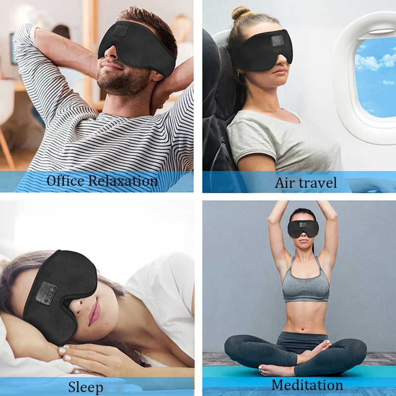 Eye mask used for office relaxation, air travel, sleep, and meditation.
