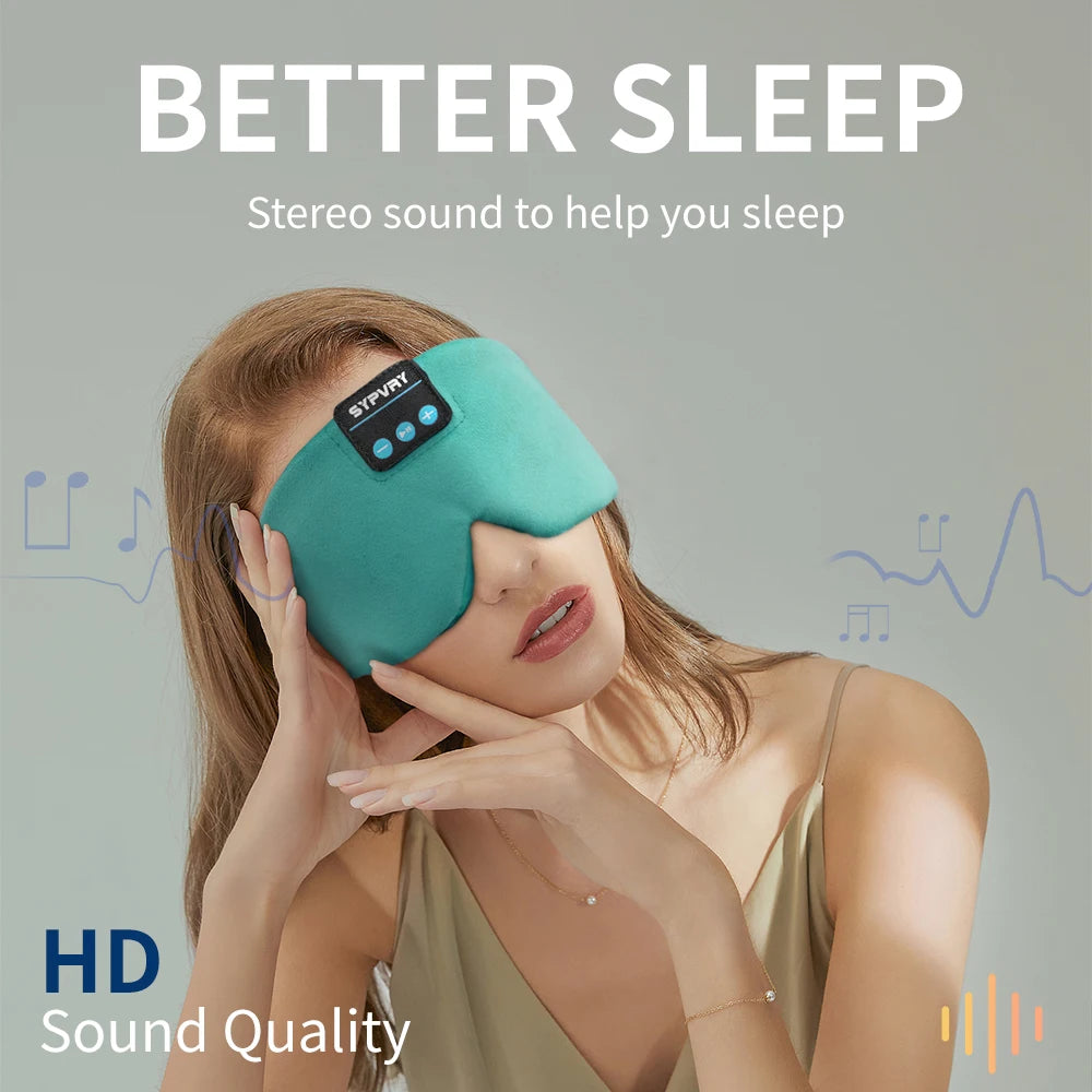 Woman wearing a teal sleep mask with stereo sound feature, text 'Better Sleep' and 'HD Sound Quality'.