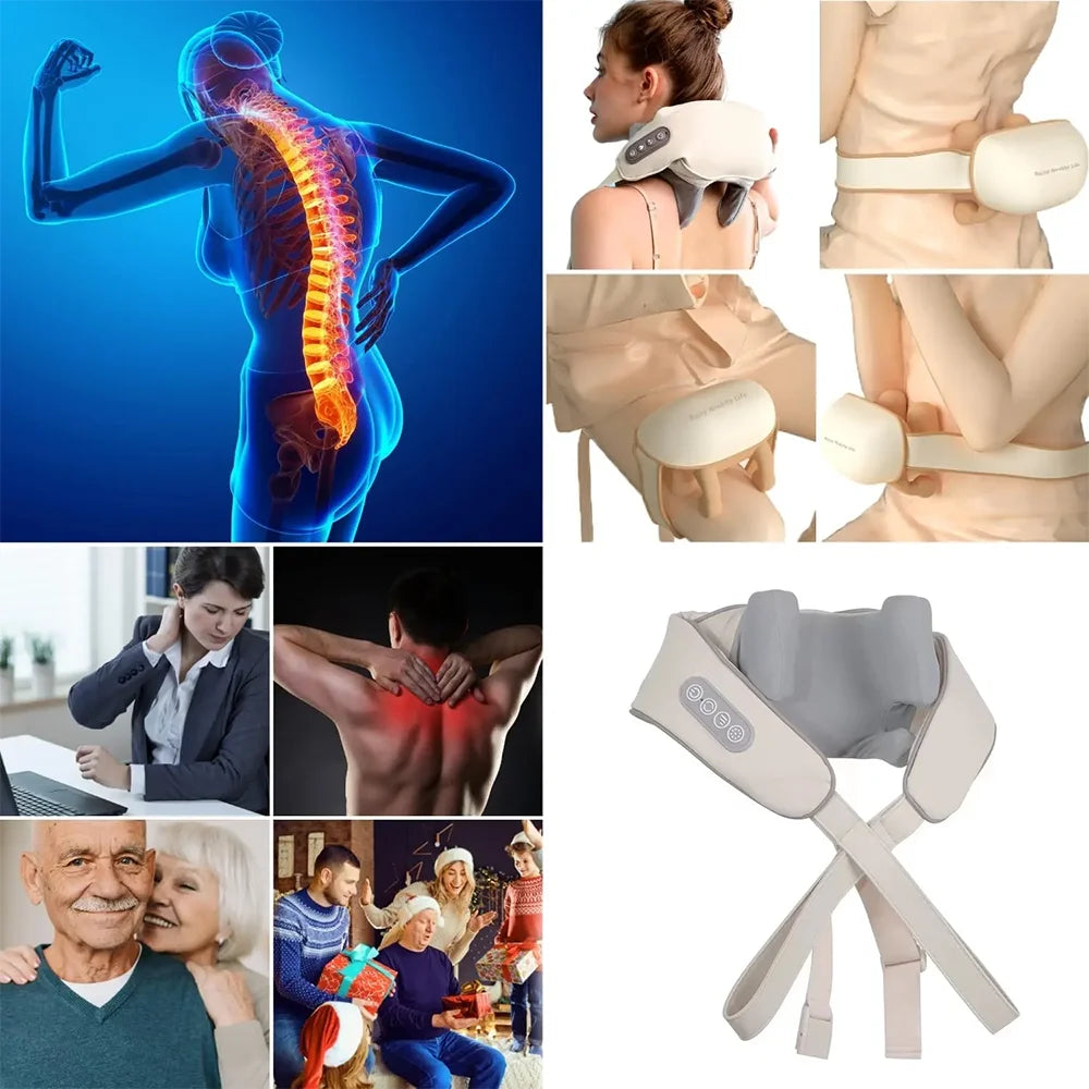 Collage of images showing a person with a highlighted spine, a neck and shoulder massager, and people using the massager.