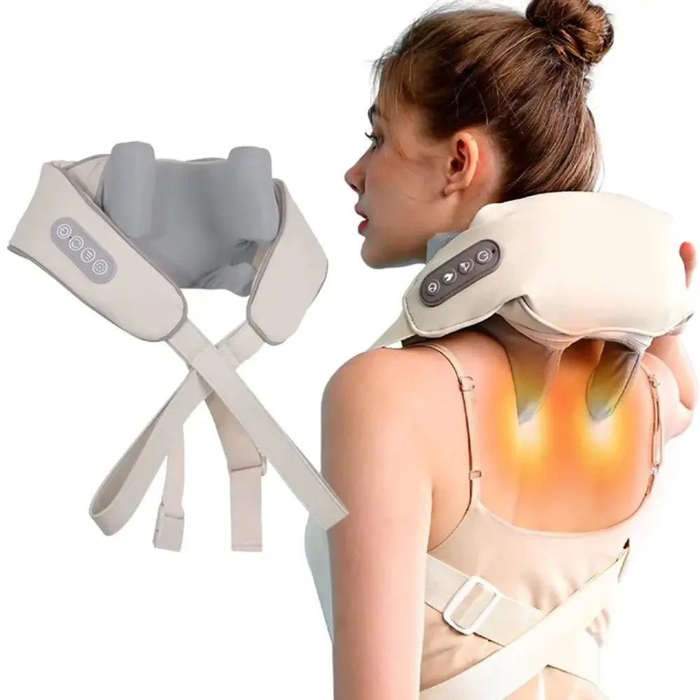 Woman using a neck and shoulder massager with close-up details on a white background