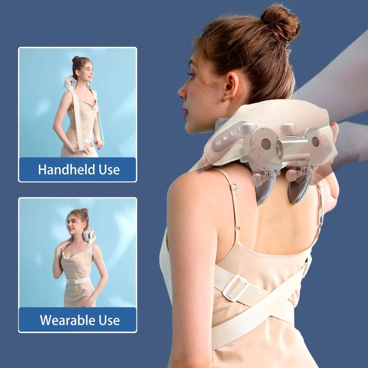 Woman using a neck and shoulder massager with inset images showing handheld and wearable use.