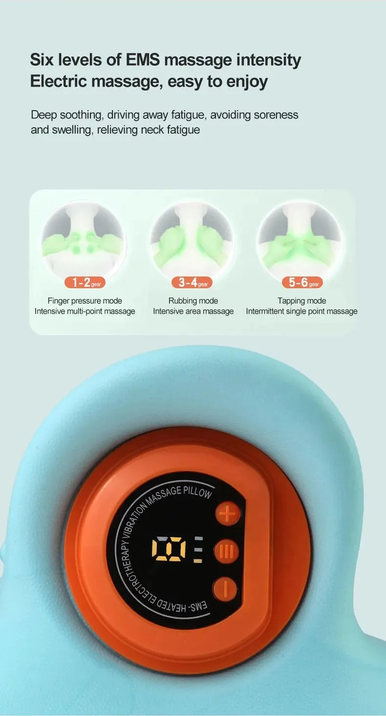 Massage pillow with EMS massage intensity levels on a light blue background