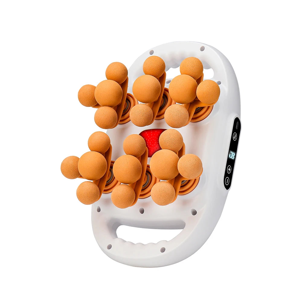 white 22 head fascia massage gun with black nodes and a red light center on a white background