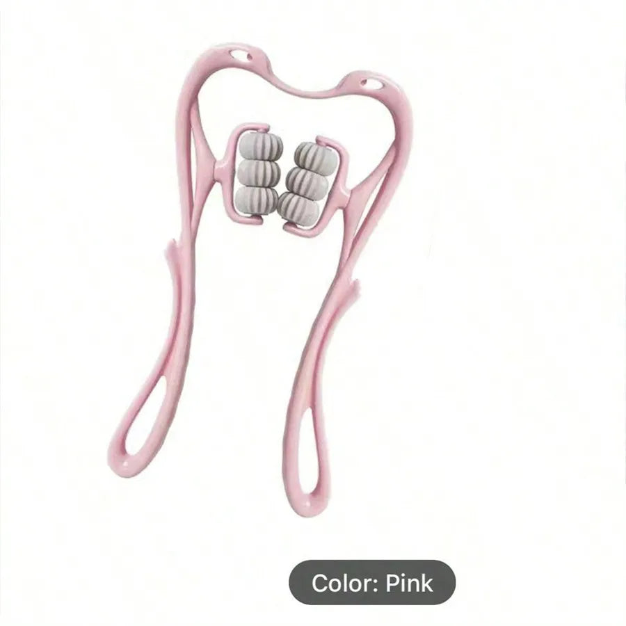 Pink handheld massager roller on a white background