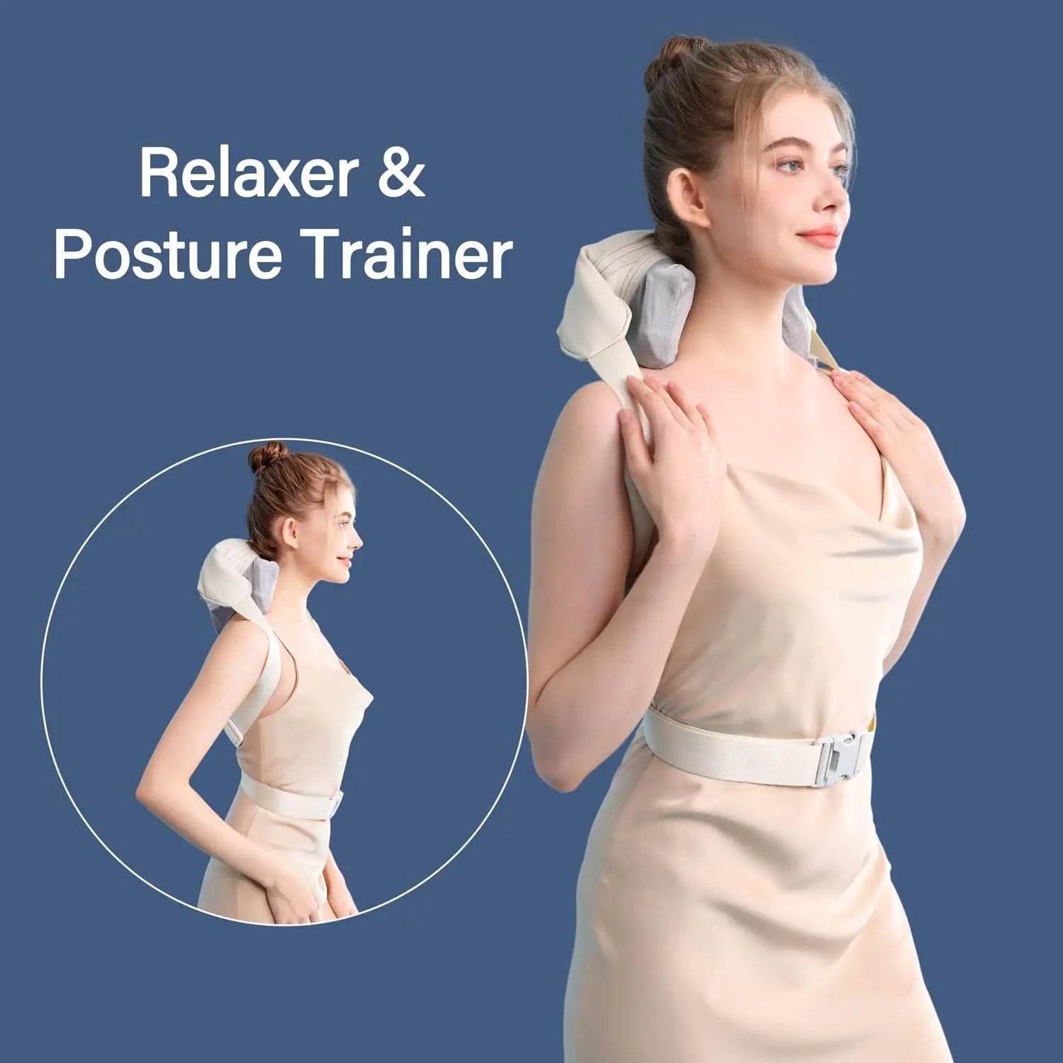 Woman wearing a relaxer and posture trainer with text on a blue background