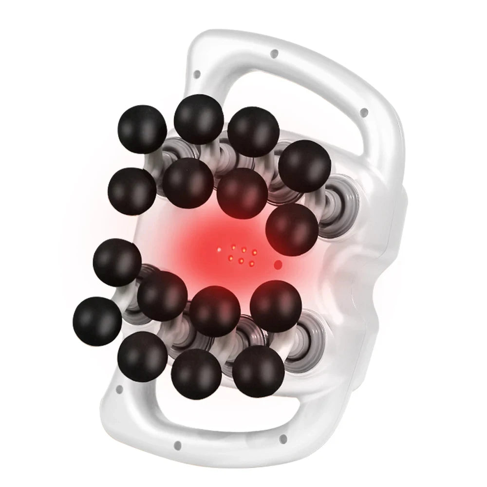 White handheld fascia massage device with black and red components on a white background