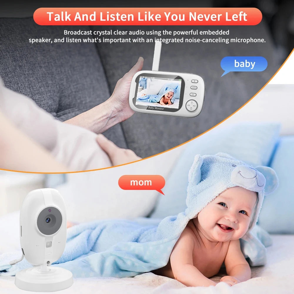 Baby monitor with a baby lying on a blanket, showing communication features.