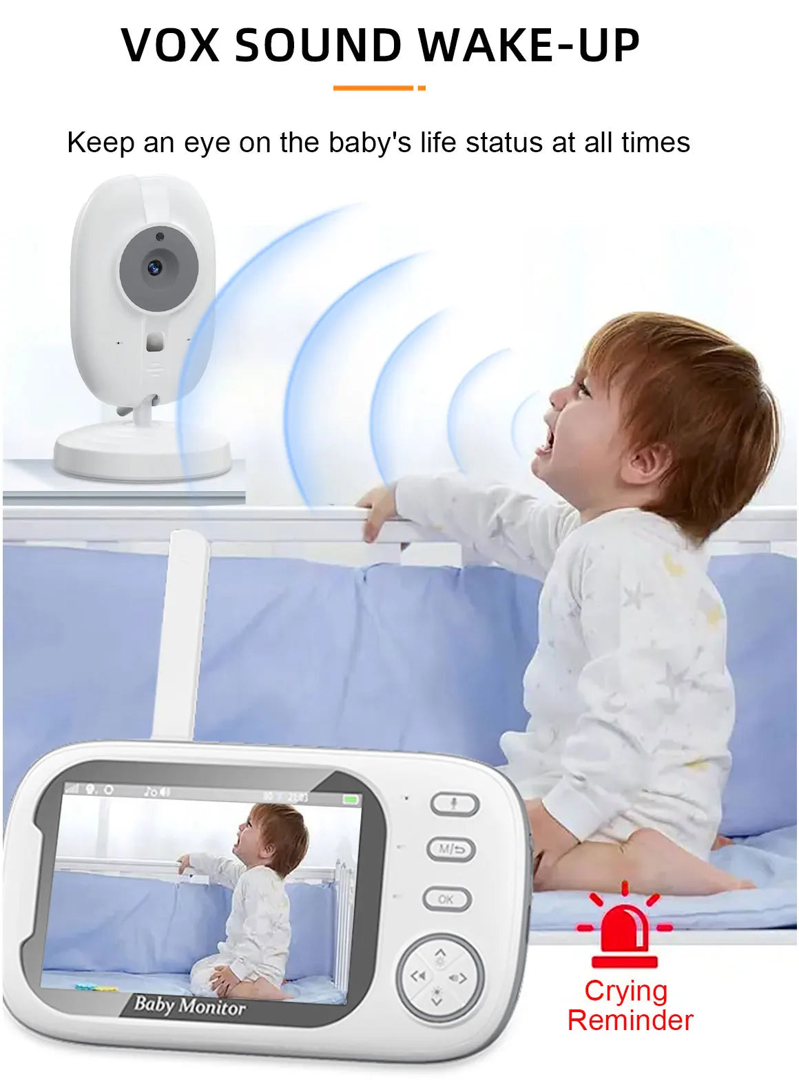 Baby monitor with screen displaying a baby and 'Crying Reminder' indicator, with text 'VOX Sound Wake-Up' and 'Keep an eye on the baby's life status at all times'.