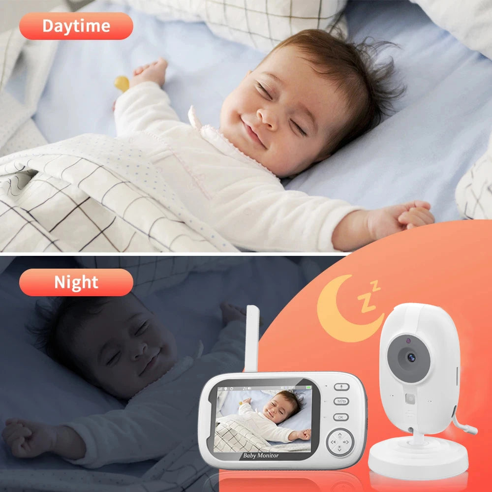 Baby lying on a bed with a baby monitor displaying the same scene at night.
