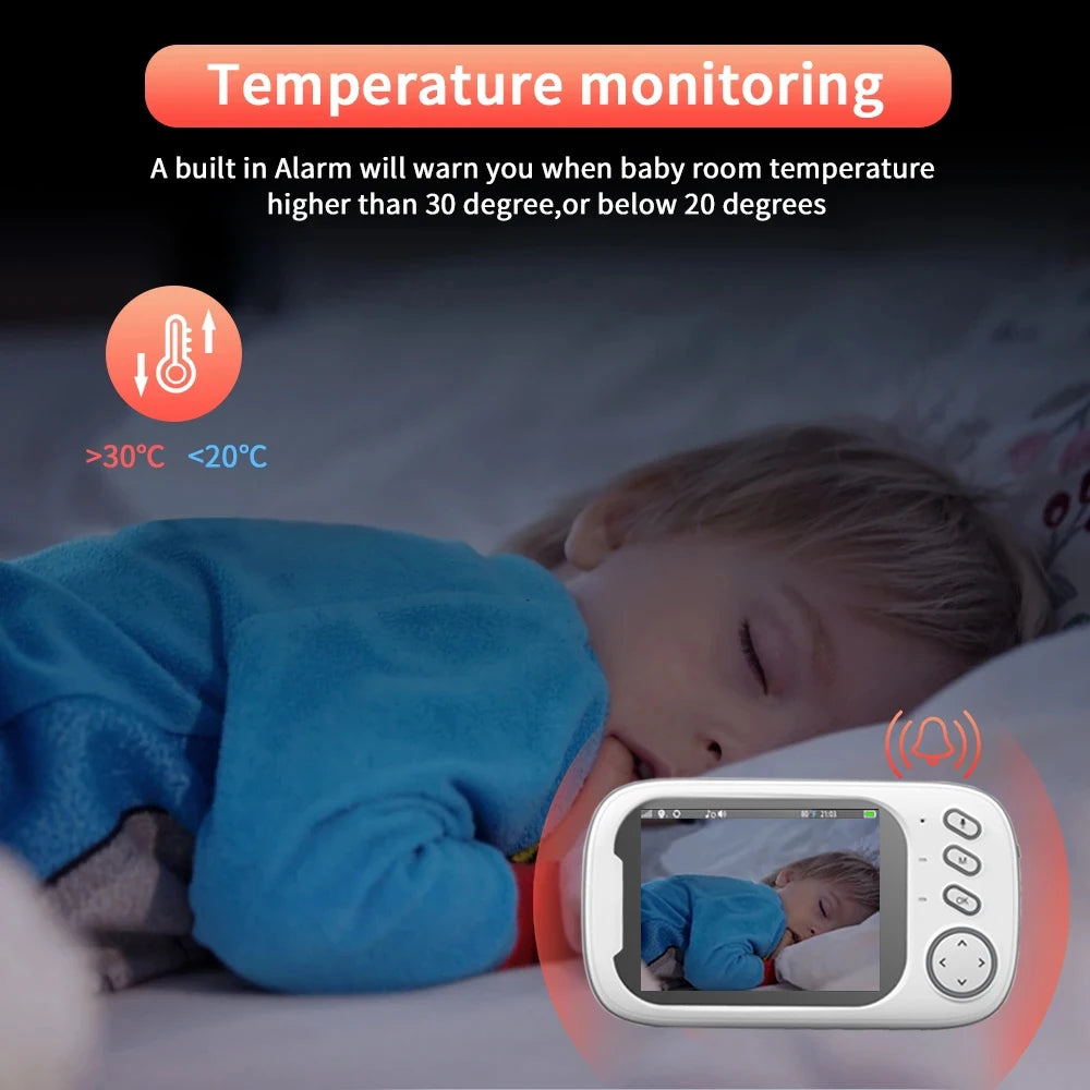 Baby sleeping with a temperature monitor displaying temperature monitoring features.