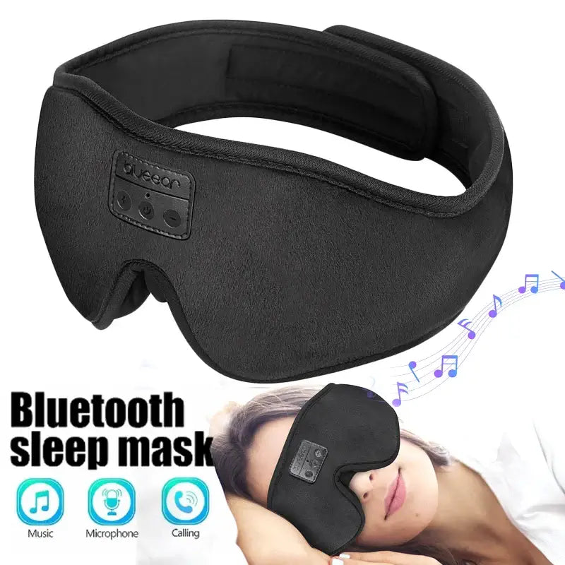 Black 3D Bluetooth sleep mask with wireless headphones on white background
