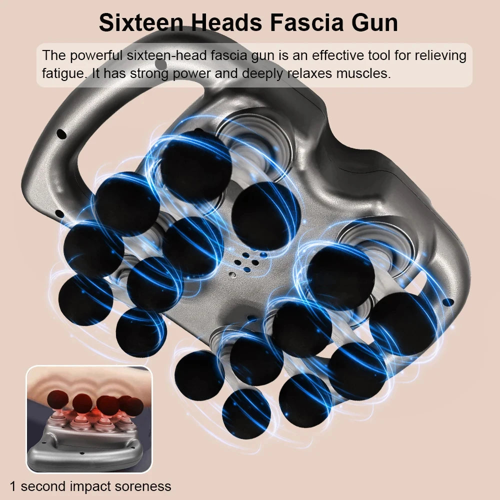 Sixteen Heads Fascia Gun with text on a beige background