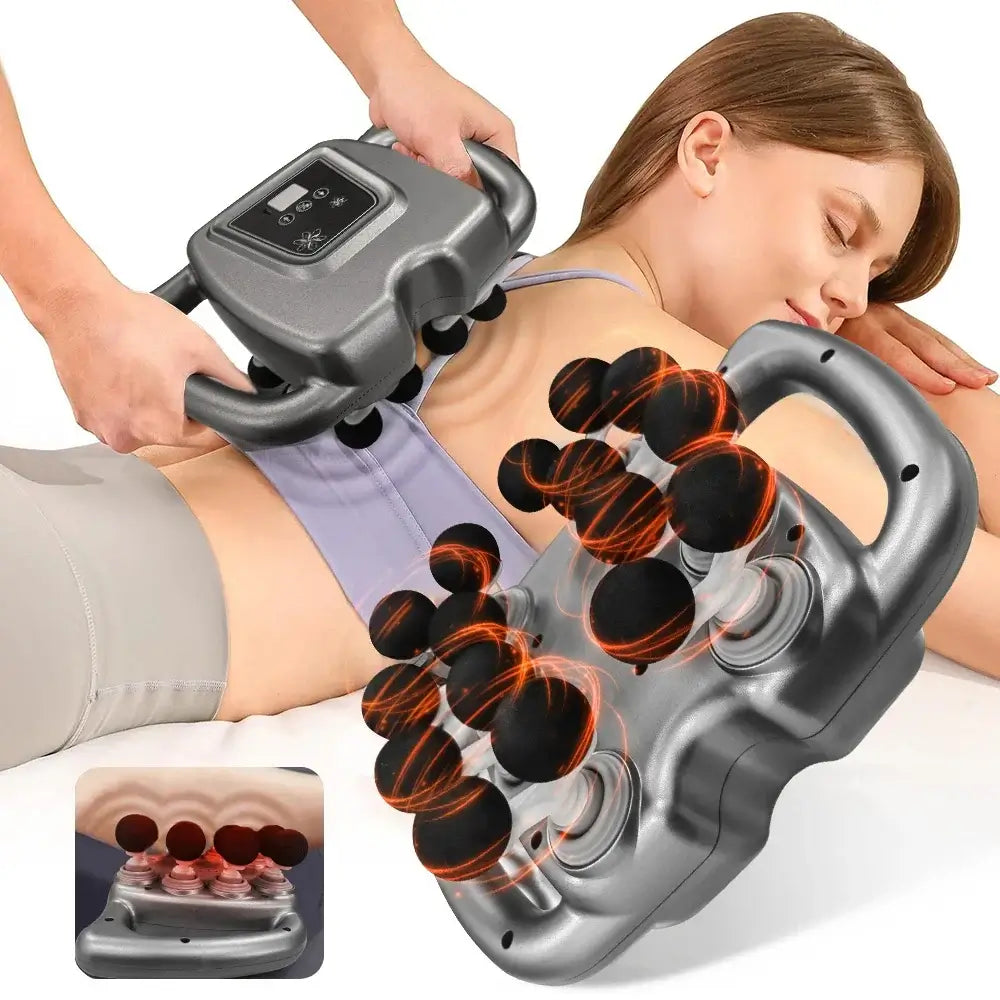 Person using a handheld 16 head fascia massager on a woman's back with close-up details.