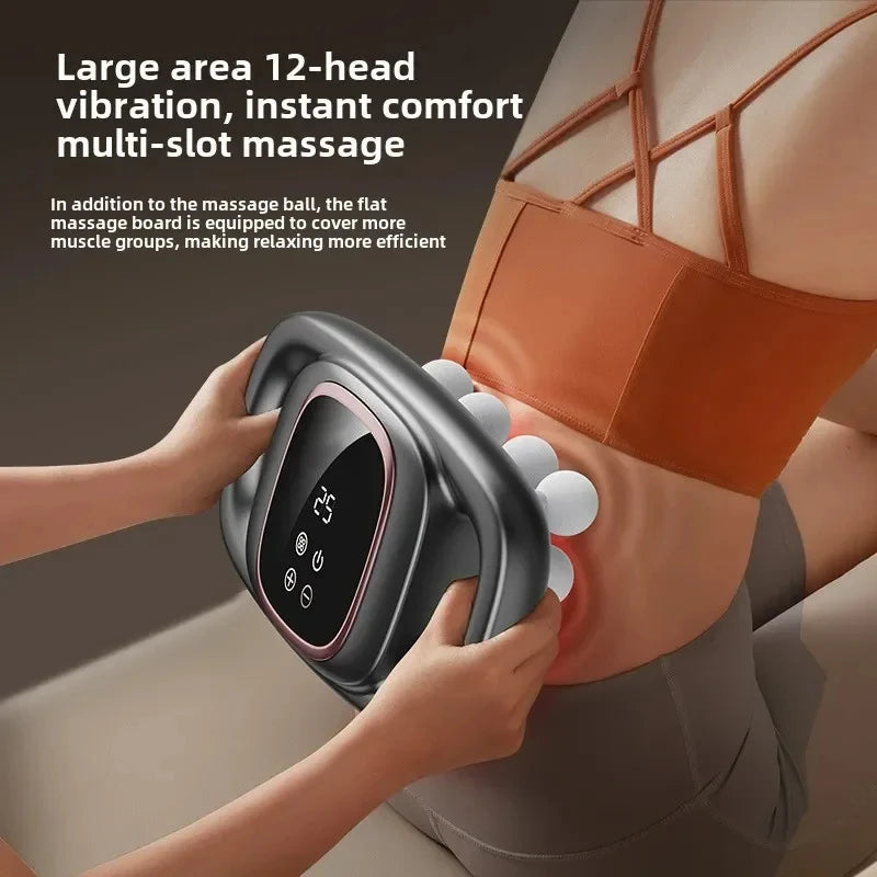 Person using a fascia massage device on their back with text about its features.