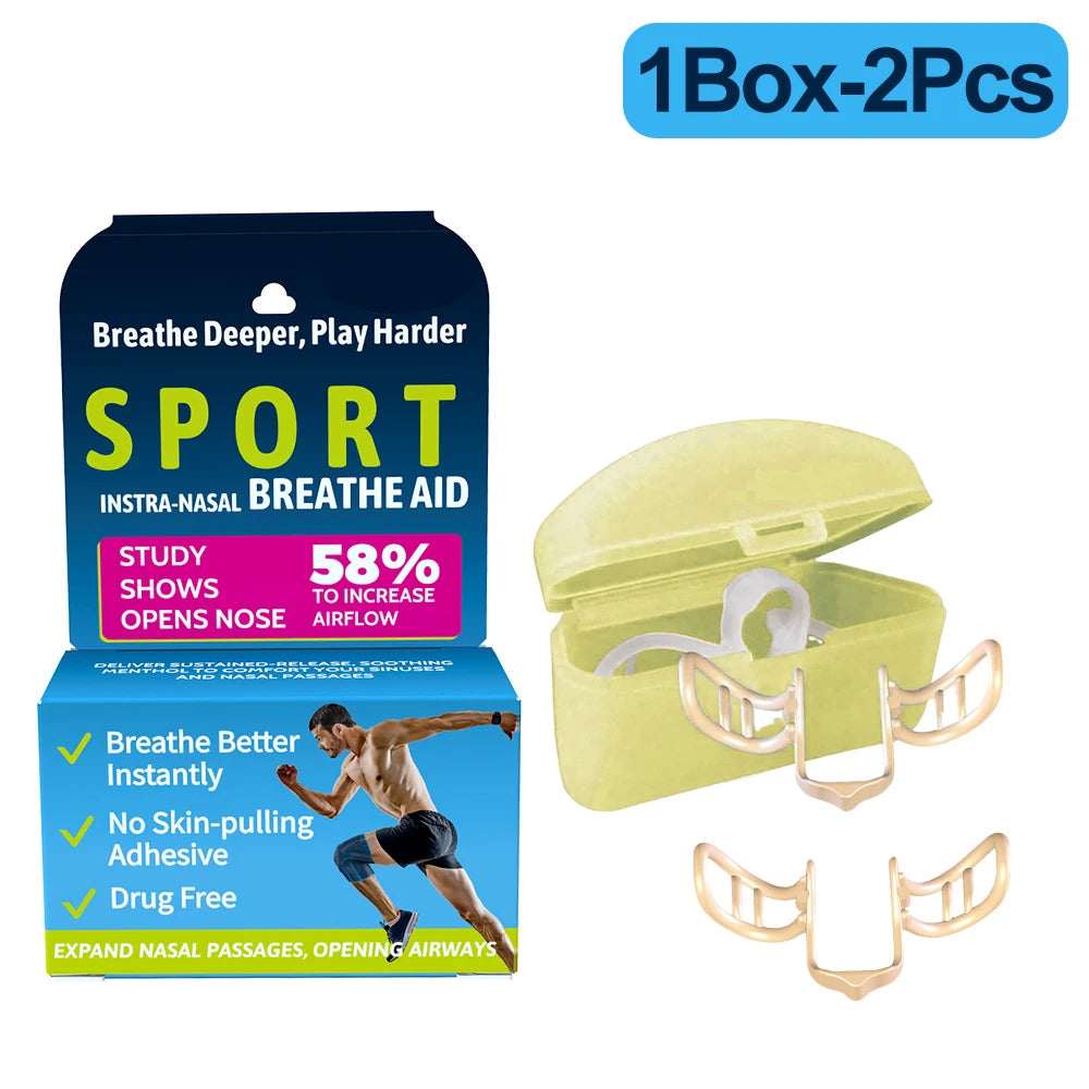 Sport intra-nasal breathe aid packaging with nasal devices on a white background