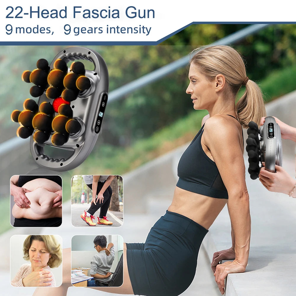 22-Head Fascia Gun with woman using it outdoors, showing various uses and benefits.
