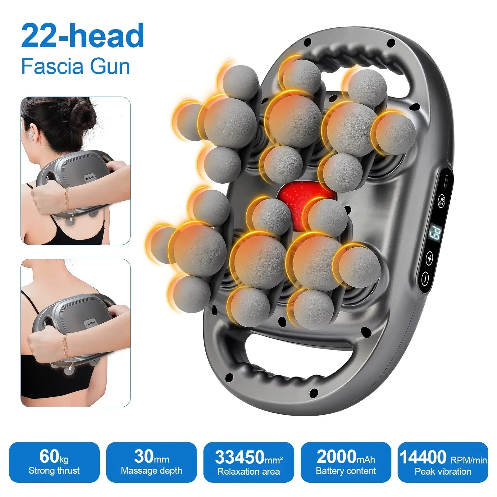 Fascia massage gun with 22 heads and user illustrations on a white background