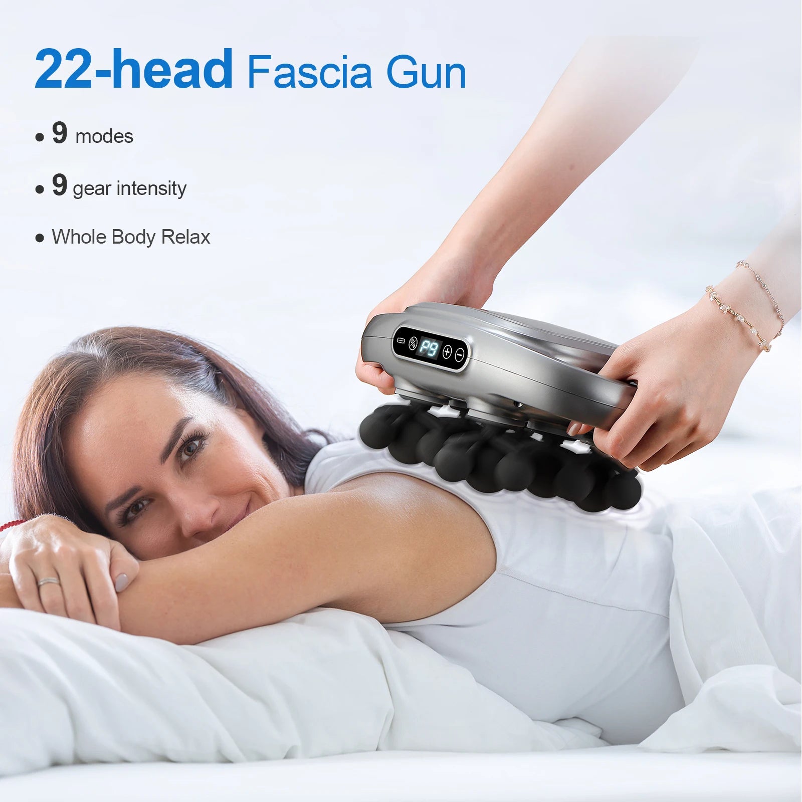 Woman using a 22-head fascia massage gun on her back with a white background