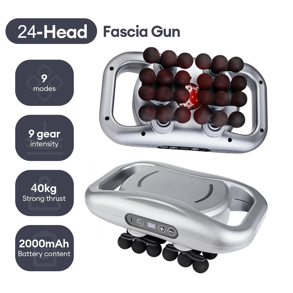 24-Head Fascia Gun with features highlighted on a white background