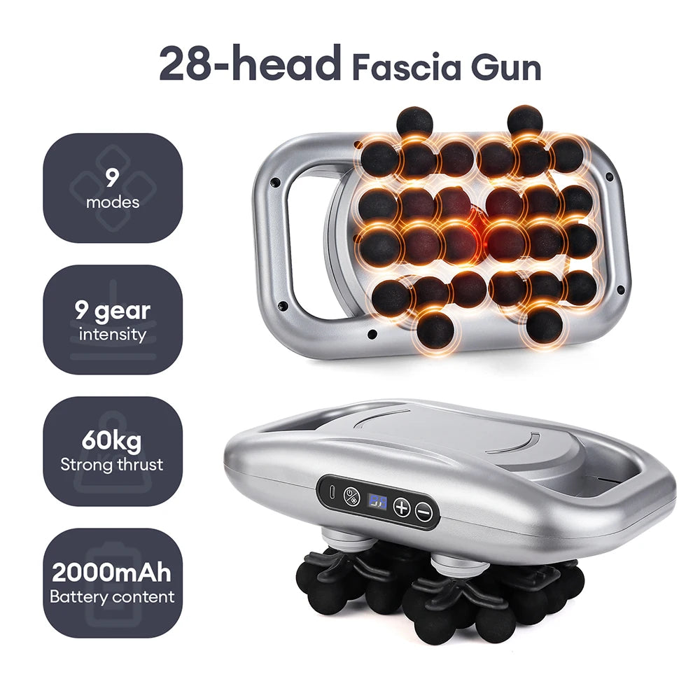 28-head Fascia Gun with features highlighted on a white background