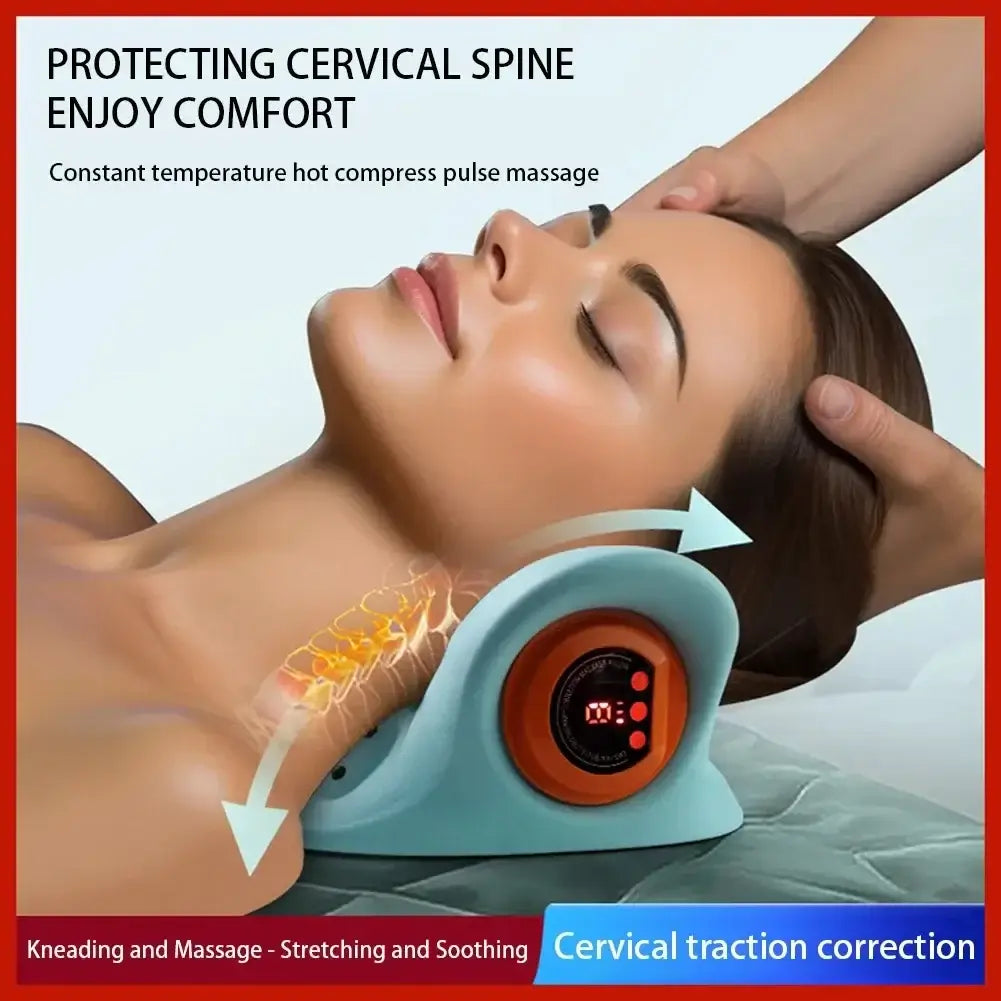 Woman receiving neck massage with a cervical traction device, text about protecting cervical spine and enjoying comfort.
