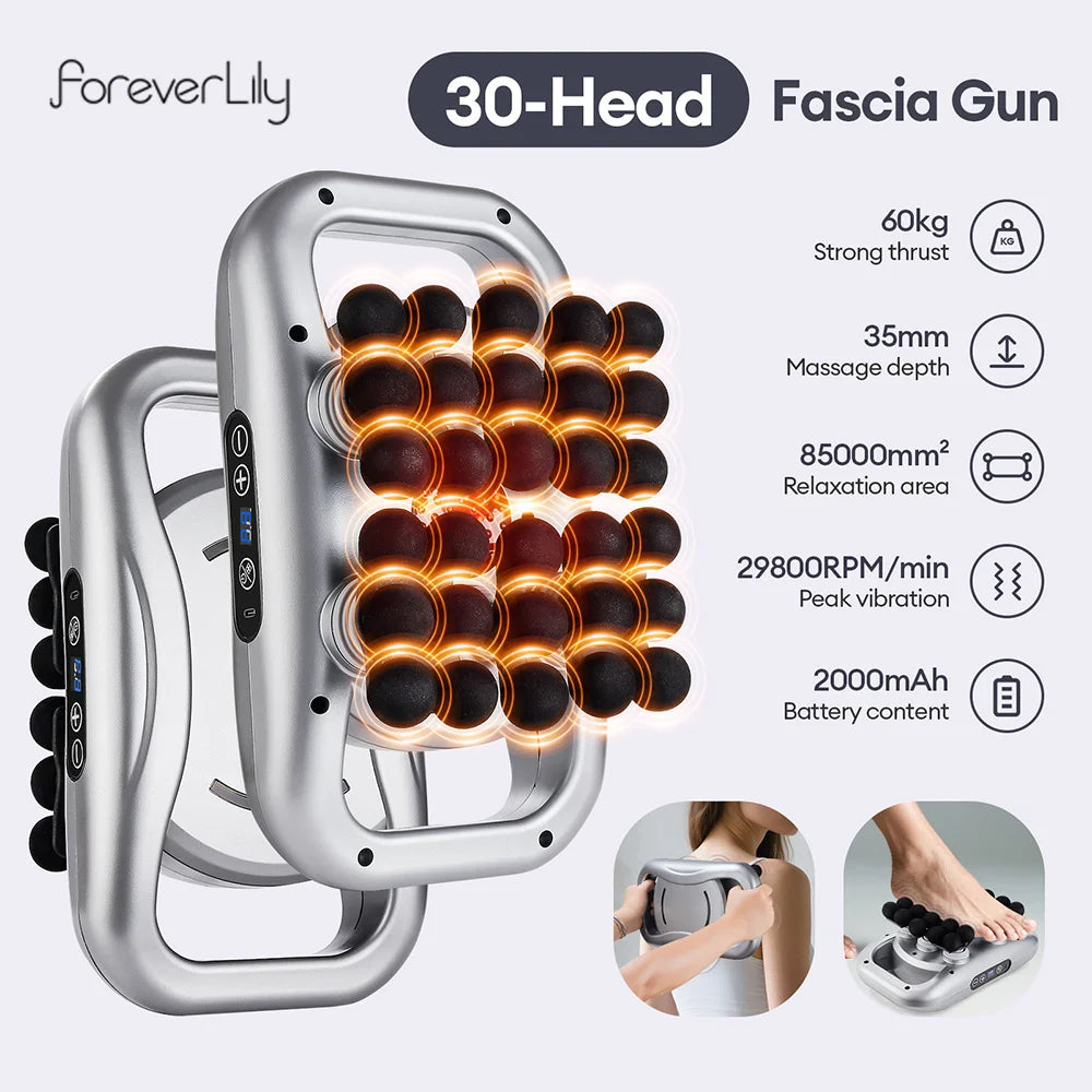 30-Head Fascia Gun with features listed on a white background