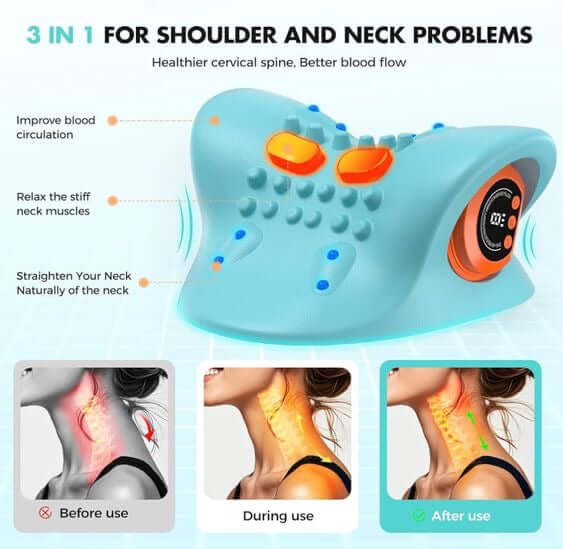 Blue 3 in 1 neck shoulder and back massager with control buttons on the side