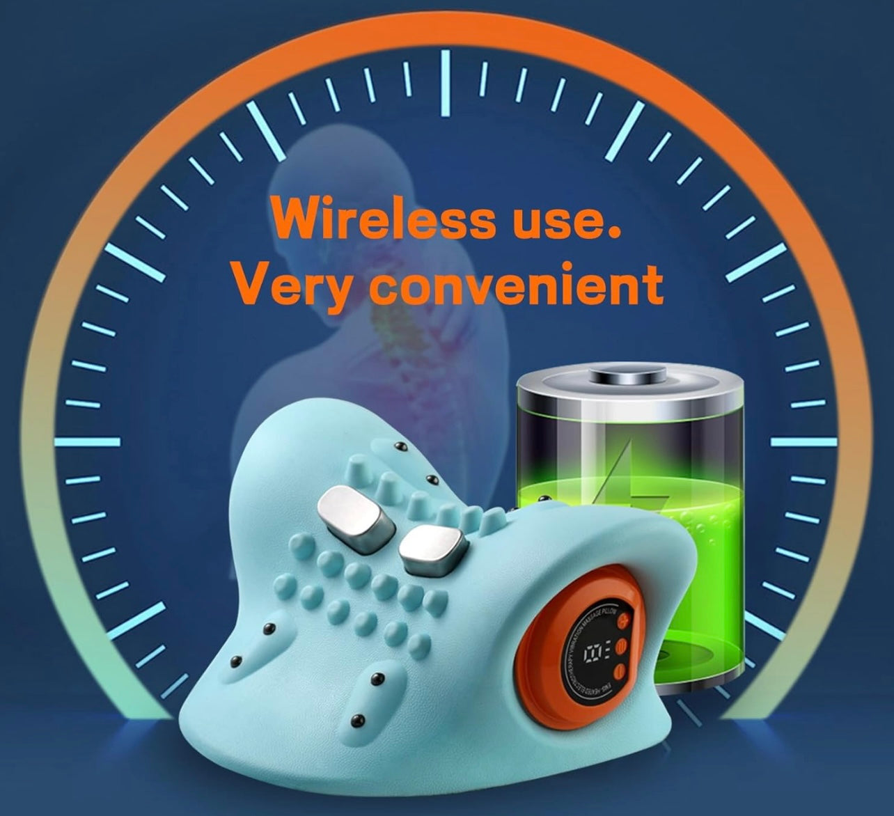 Blue device with a digital display and green container on a dark blue background with text 'Wireless use. Very convenient'.