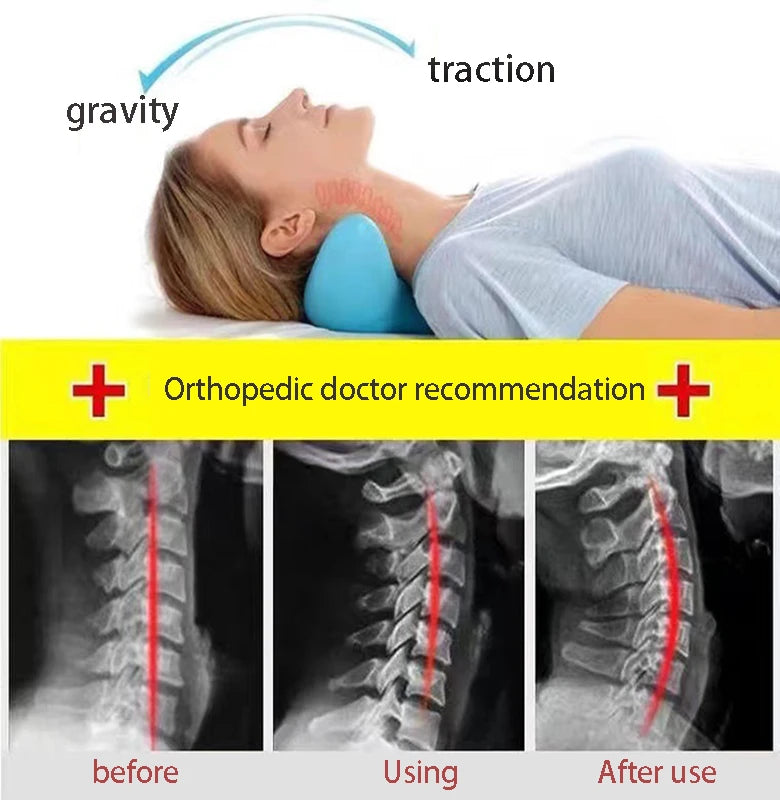 Person using a neck pillow with 'gravity' and 'traction' labeled, and X-rays showing before, during, and after use.