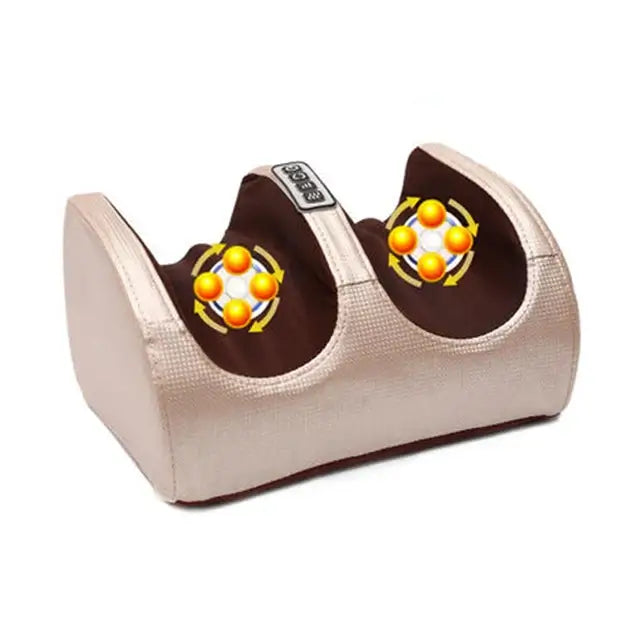 Beige and brown foot massager with orange massage balls on a white background
