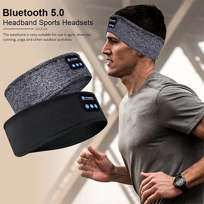 Bluetooth headband sports headset with a man wearing it, suitable for gym and outdoor activities.
