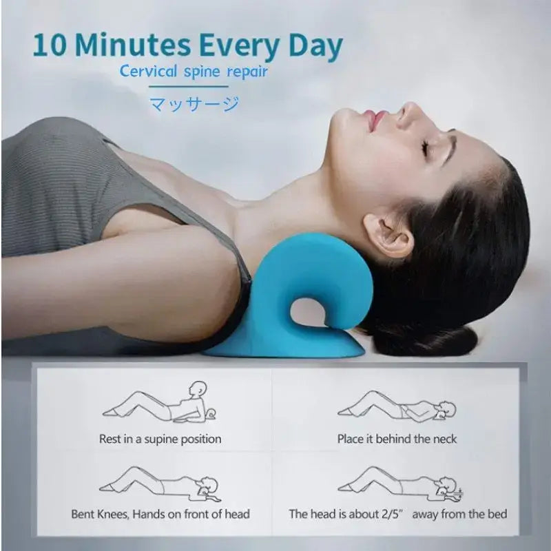 Person using a cervical spine repair device with usage instructions displayed.d