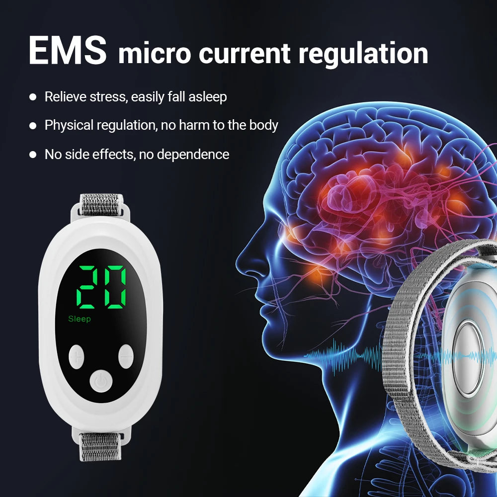 EMS device with digital display next to a brain illustration saying the features of the product, relieve stress , physical regulation