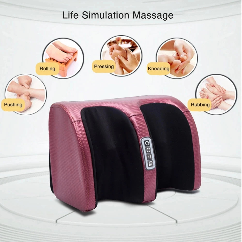 Pink massage device with control panel on a white background, showing massage techniques.
