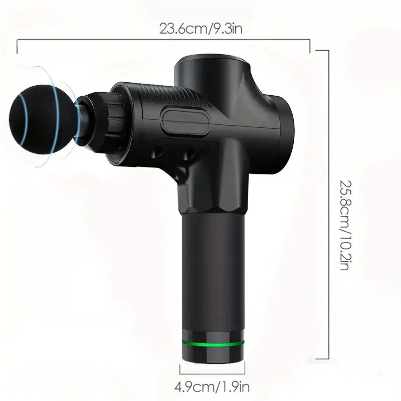 Massage gun dimensions showing 23.6cm length and 25.8cm height for deep tissue recovery and muscle relief.