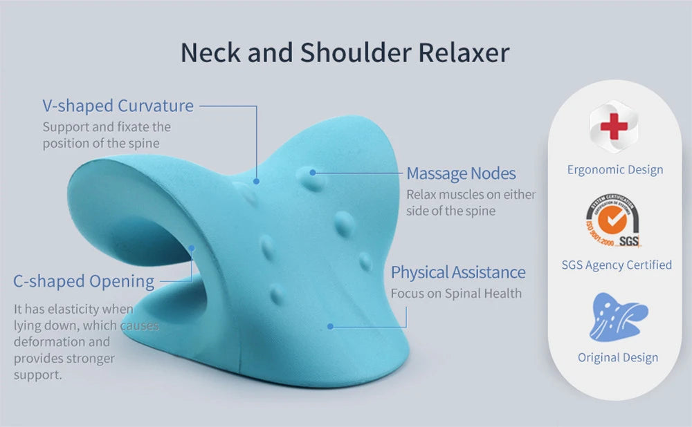 Blue neck and shoulder relaxer with features and certification logos on a gray background