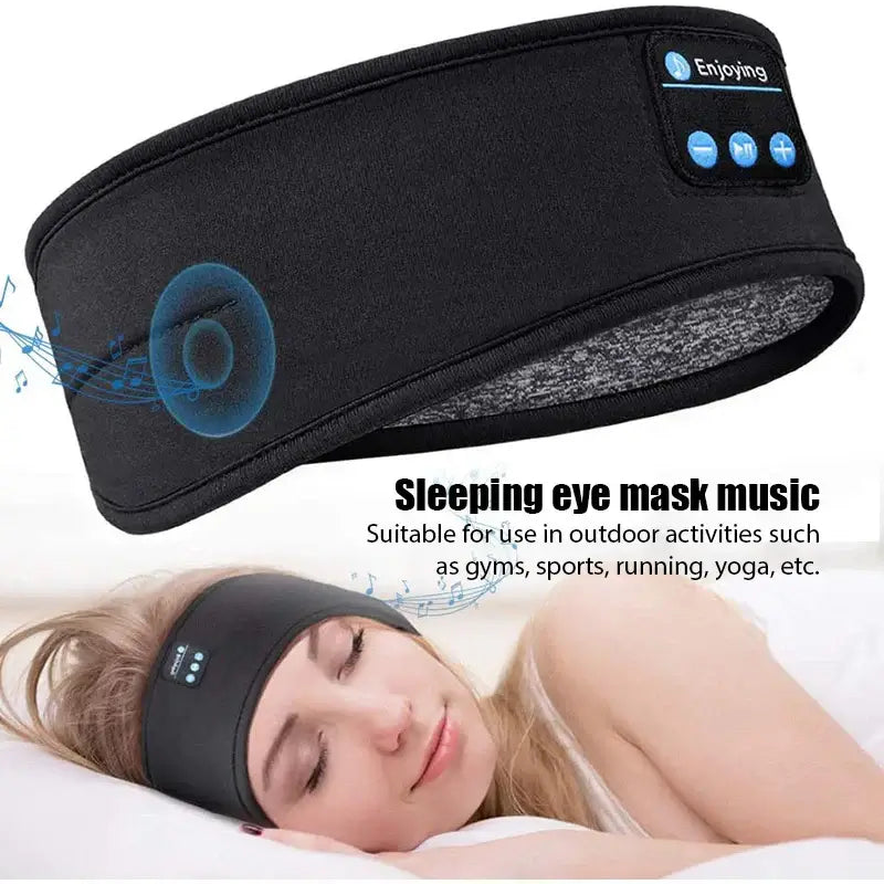Black Bluetooth headband with control buttons on a white background