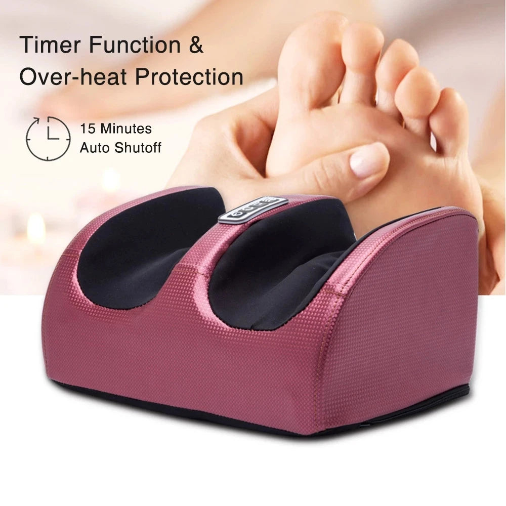 Pink foot massager with a person's foot being massaged, featuring timer and over-heat protection text.